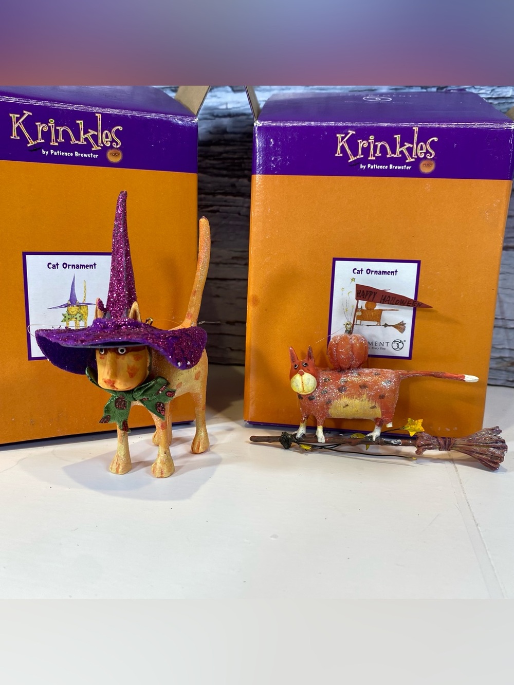 Krinkles Department 56 Halloween Pumpkin Cat with Broom and Witch Cat Ornaments